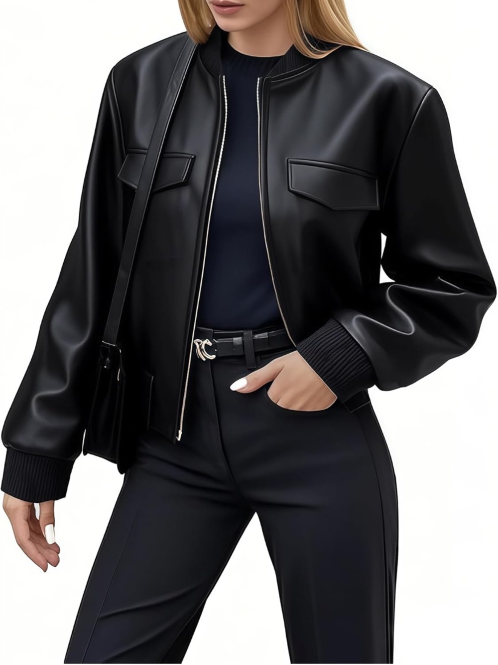 Black Women's Faux Leather Bomber Jacket